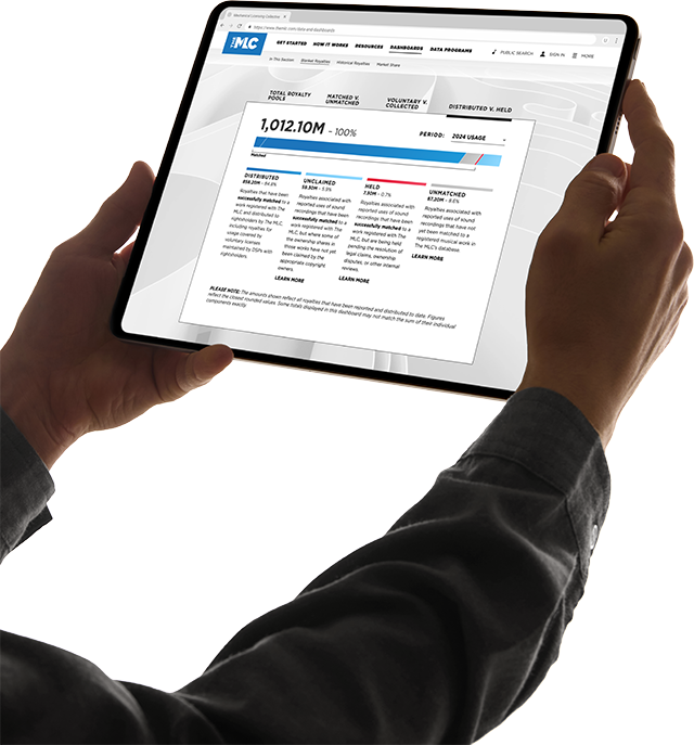 Hands holding tablet showing MLC dashboard